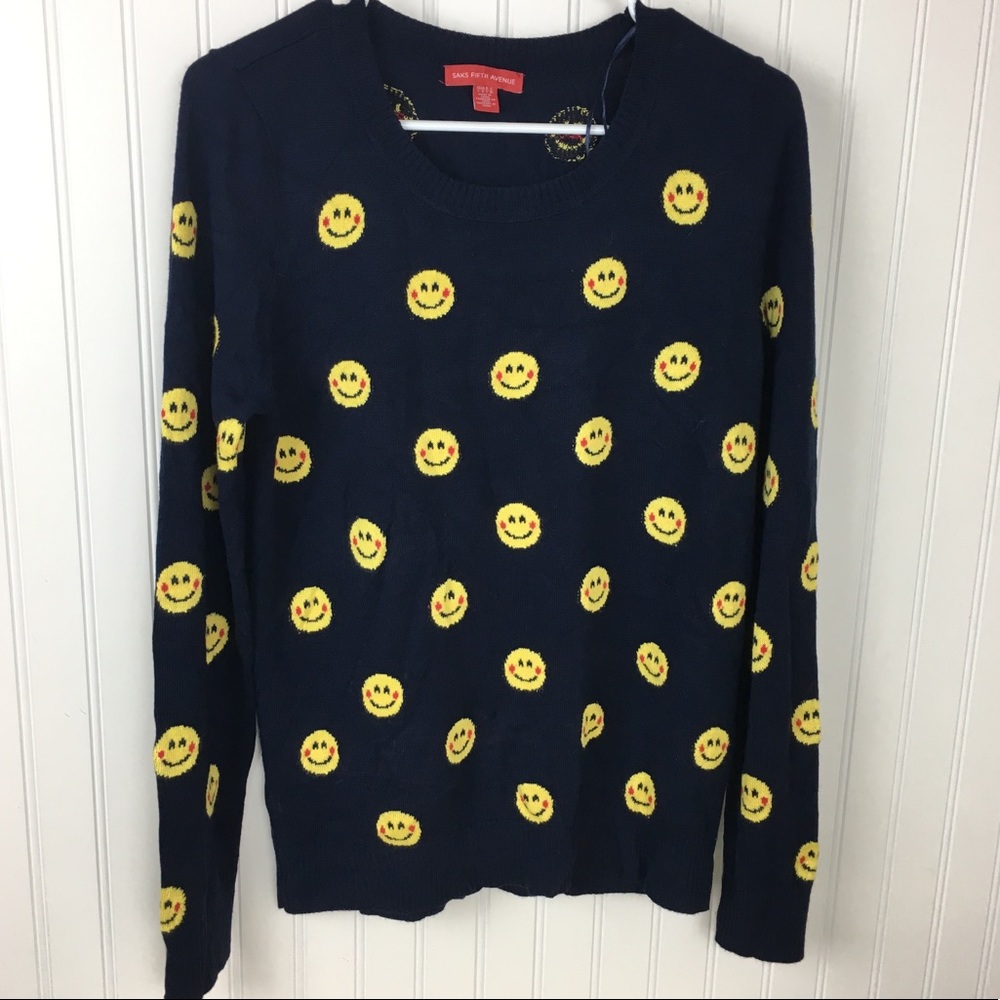 Saks Fifth Avenue Emoticon Print Navy Sweater - Picture 2 of 5
